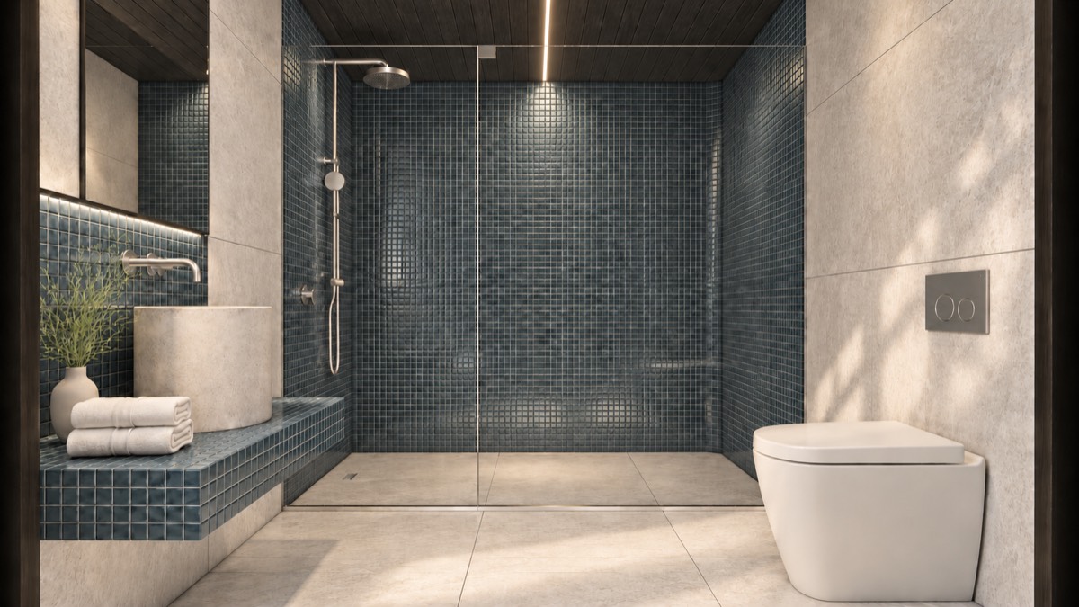 The bathroom of SOLUM Studio in Tide, with dark oak joinery