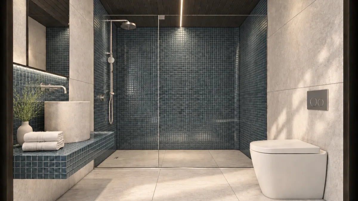 The bathroom of SOLUM Studio in Tide, with dark oak joinery