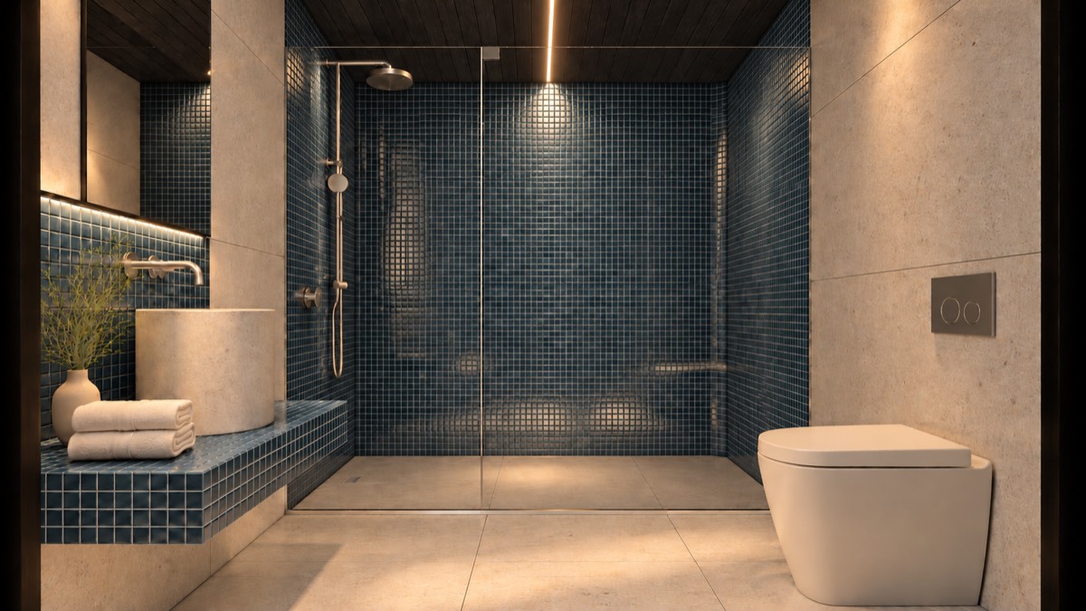 The bathroom of SOLUM Studio in Tide, with dark oak joinery, after dark