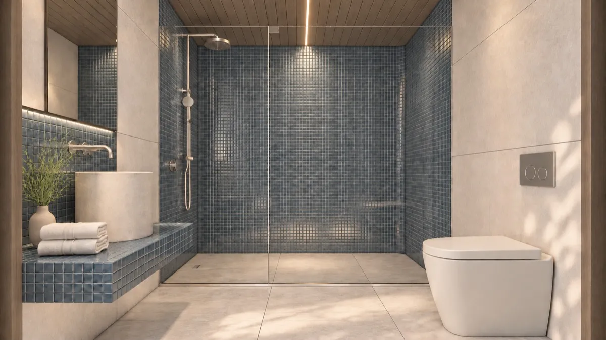 The bathroom of SOLUM Studio in Tide, with raw walnut joinery