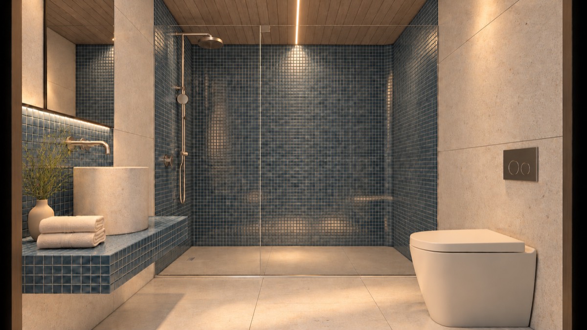 The bathroom of SOLUM Studio in Tide, with raw walnut joinery, after dark