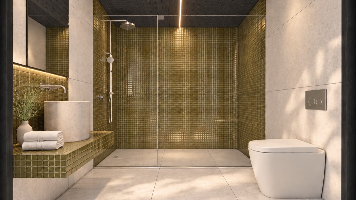The bathroom of SOLUM Studio in Vine, with dark oak joinery