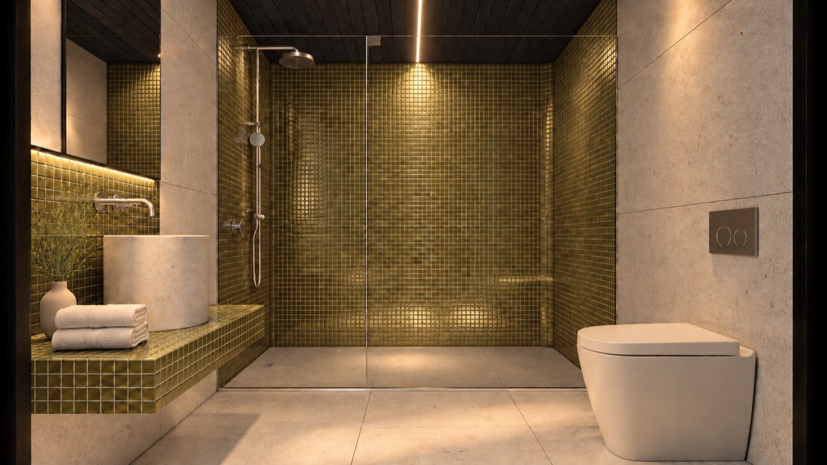 The bathroom of SOLUM Studio in Vine, with dark oak joinery, after dark