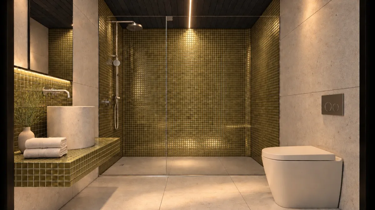 The bathroom of SOLUM Studio in Vine, with dark oak joinery, after dark