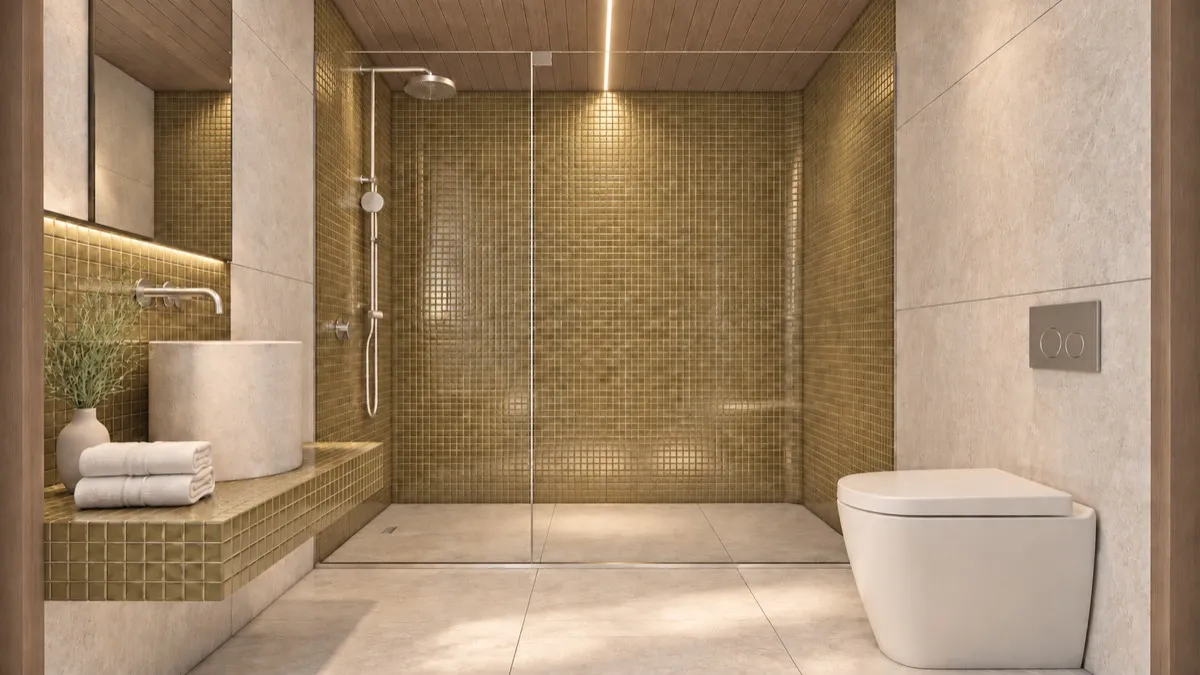 The bathroom of SOLUM Studio in Vine, with raw walnut joinery