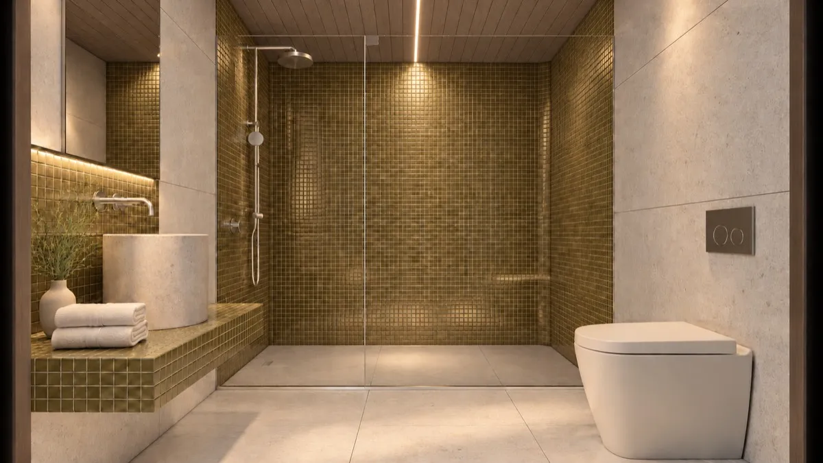 The bathroom of SOLUM Studio in Vine, with raw walnut joinery, after dark