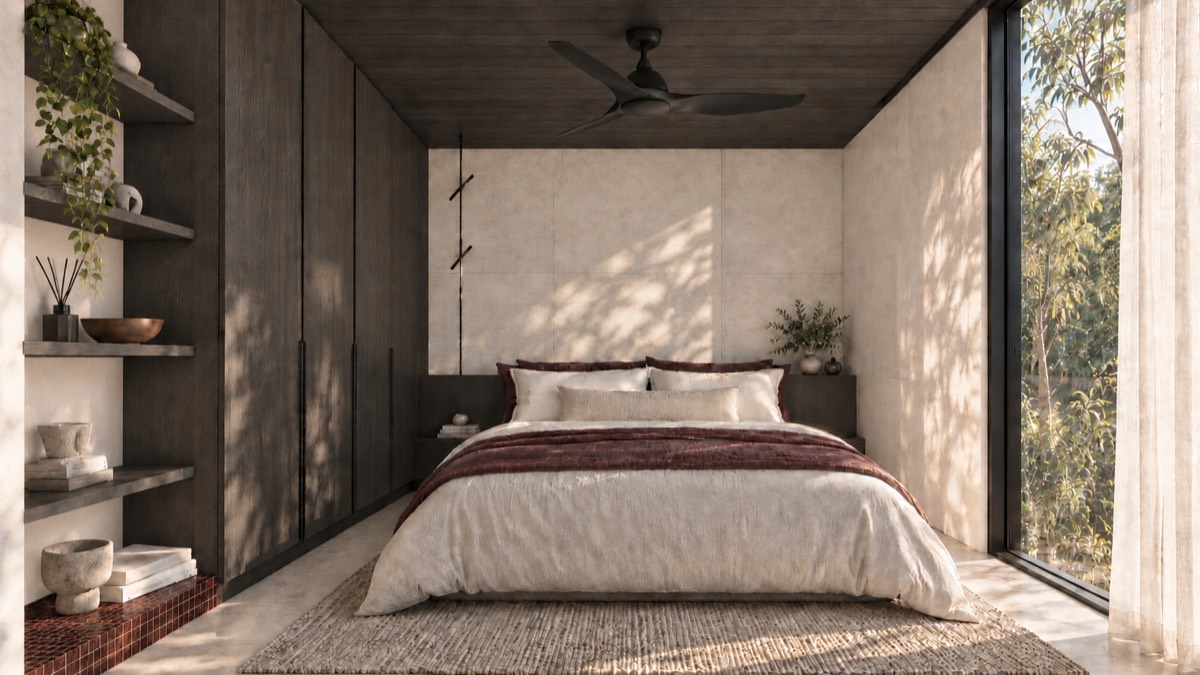 The bedroom of SOLUM Studio in Burgundy, with dark oak joinery