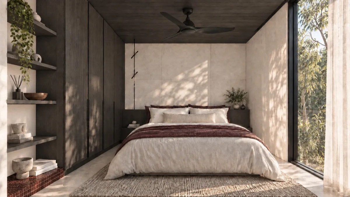 The bedroom of SOLUM Studio in Burgundy, with dark oak joinery