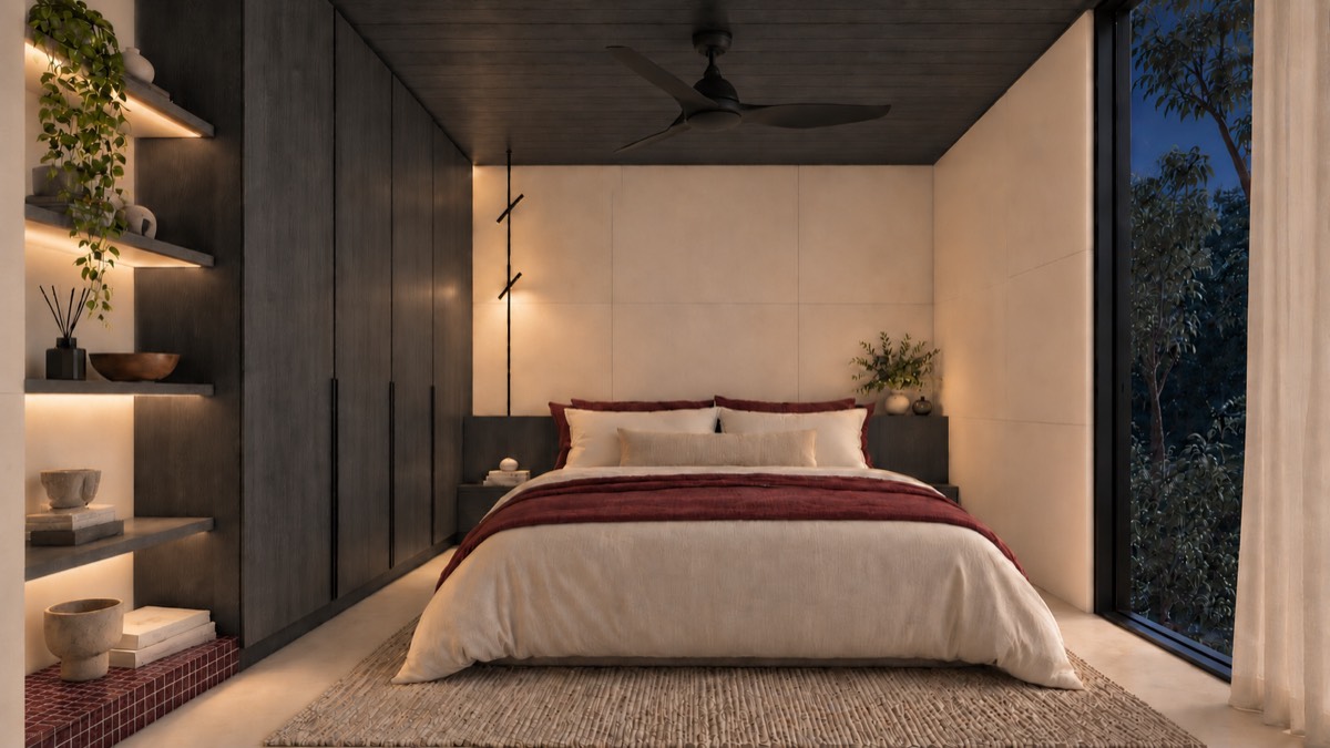 The bedroom of SOLUM Studio in Burgundy, with dark oak joinery, after dark