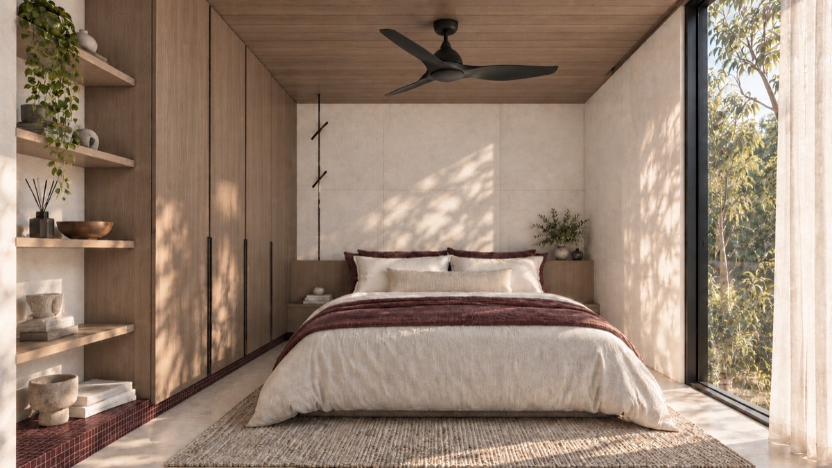 The bedroom of SOLUM Studio in Burgundy, with raw walnut joinery