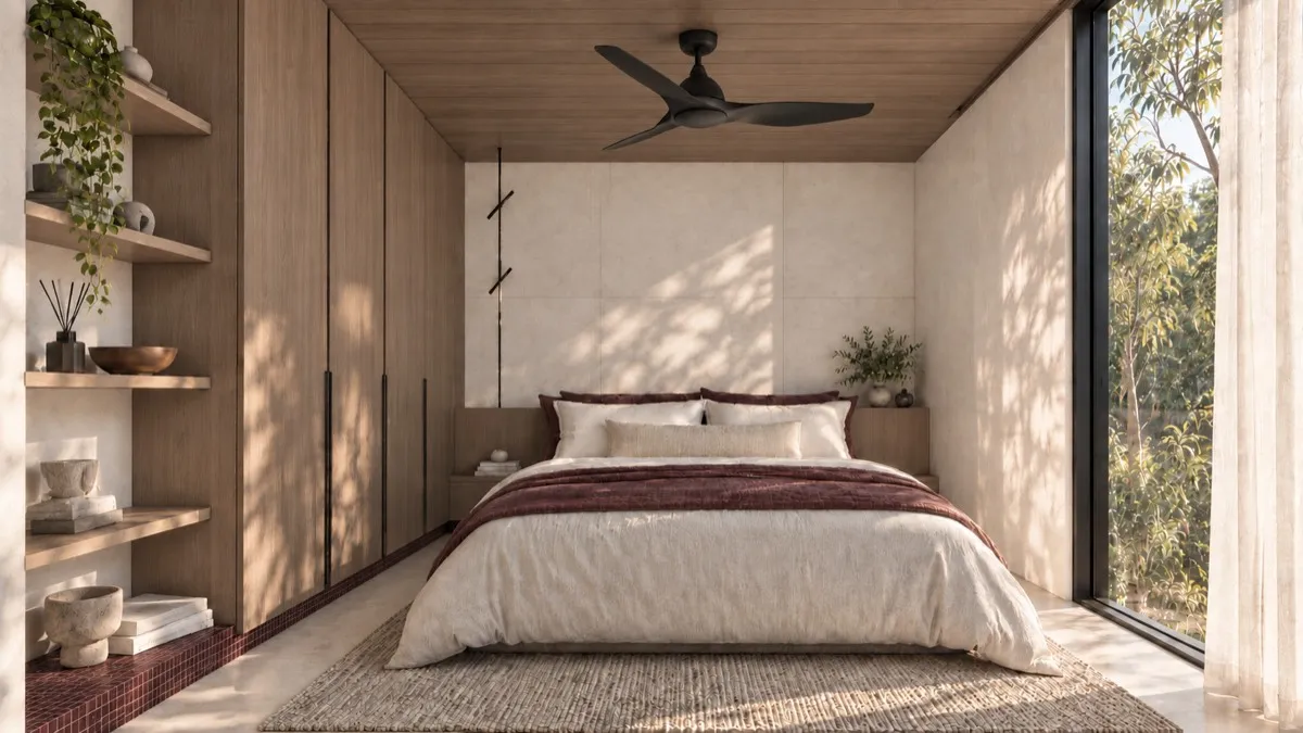 The bedroom of SOLUM Studio in Burgundy, with raw walnut joinery