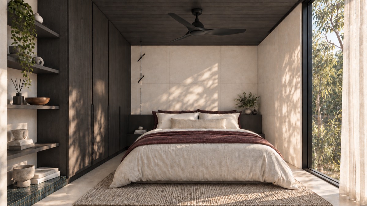 The bedroom of SOLUM Studio in Sage, with dark oak joinery