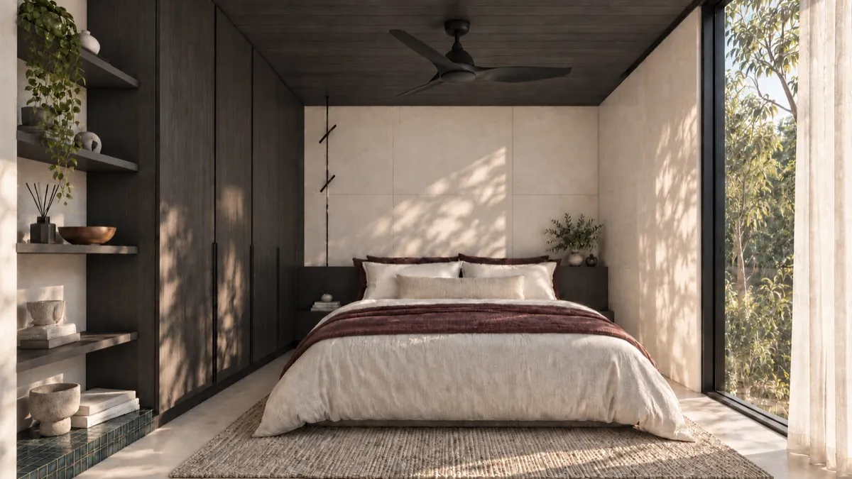 The bedroom of SOLUM Studio in Sage, with dark oak joinery
