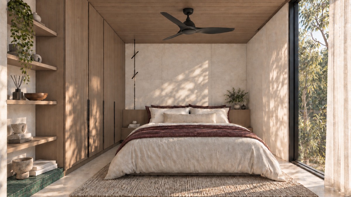 The bedroom of SOLUM Studio in Sage, with raw walnut joinery