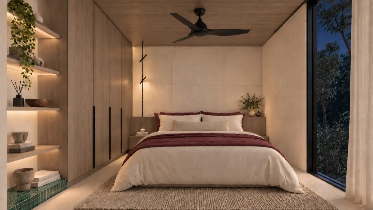 The bedroom of SOLUM Studio in Sage, with raw walnut joinery, after dark