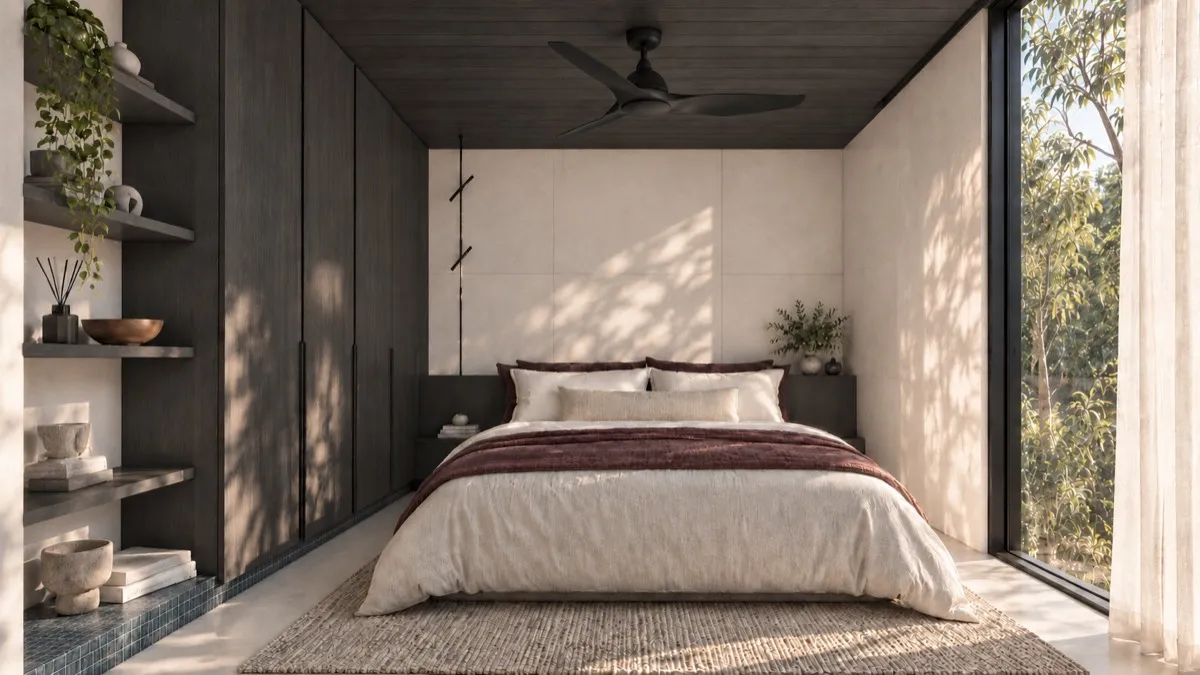 The bedroom of SOLUM Studio in Tide, with dark oak joinery
