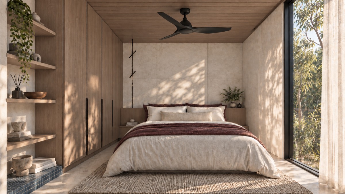 The bedroom of SOLUM Studio in Tide, with raw walnut joinery