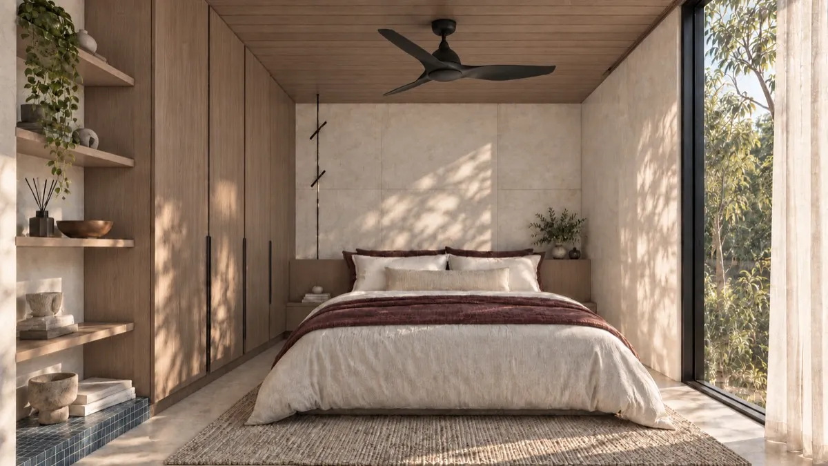 The bedroom of SOLUM Studio in Tide, with raw walnut joinery
