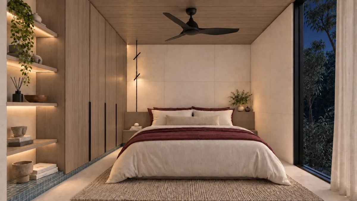 The bedroom of SOLUM Studio in Tide, with raw walnut joinery, after dark