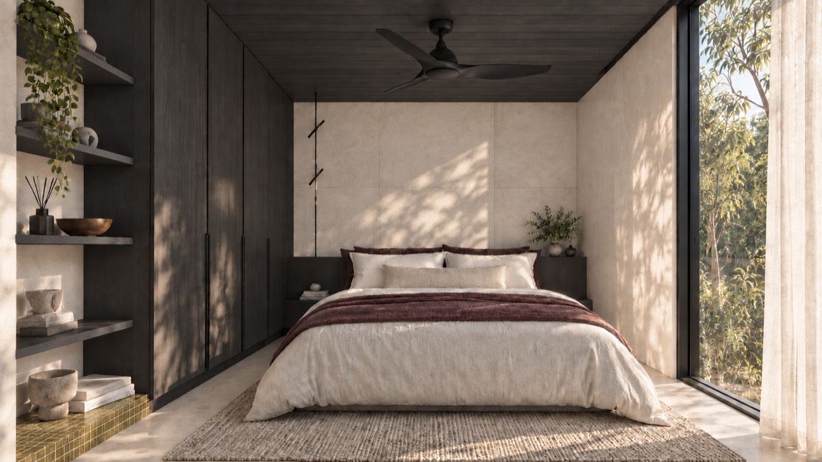 The bedroom of SOLUM Studio in Vine, with dark oak joinery