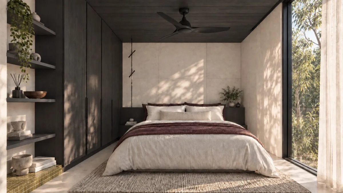 The bedroom of SOLUM Studio in Vine, with dark oak joinery