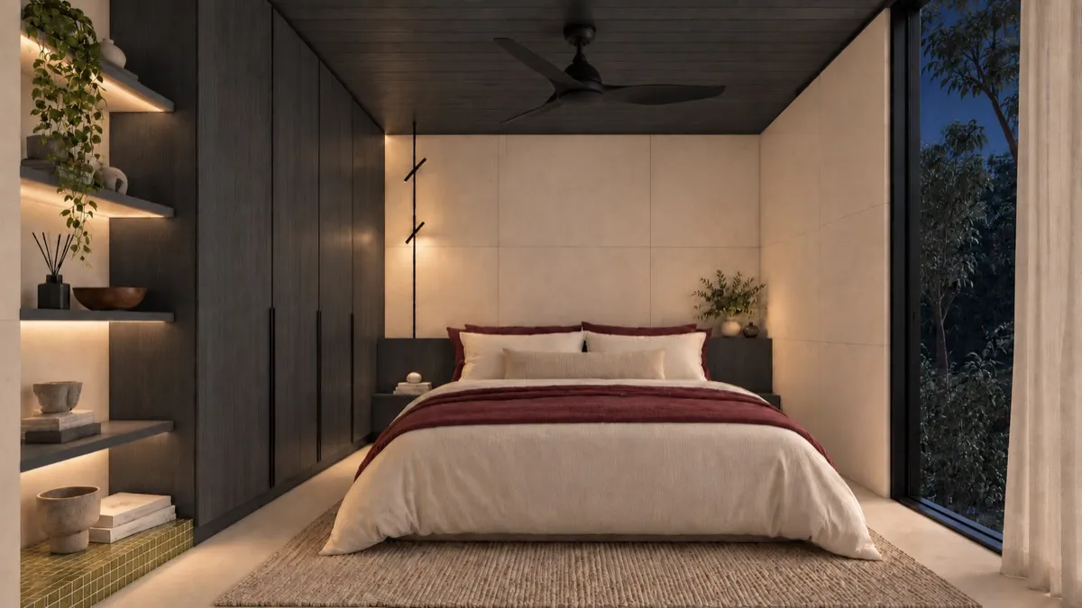 The bedroom of SOLUM Studio in Vine, with dark oak joinery, after dark