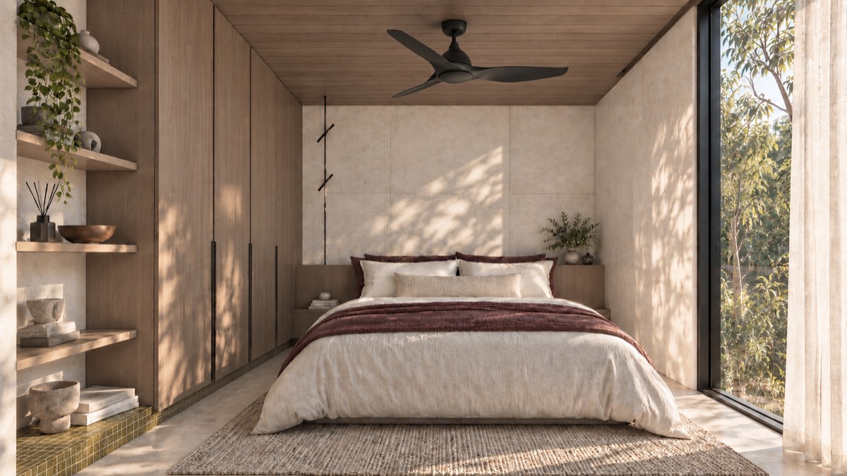 The bedroom of SOLUM Studio in Vine, with raw walnut joinery