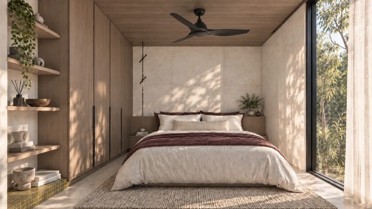 The bedroom of SOLUM Studio in Vine, with raw walnut joinery