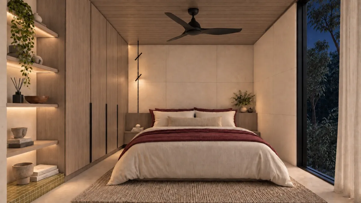 The bedroom of SOLUM Studio in Vine, with raw walnut joinery, after dark