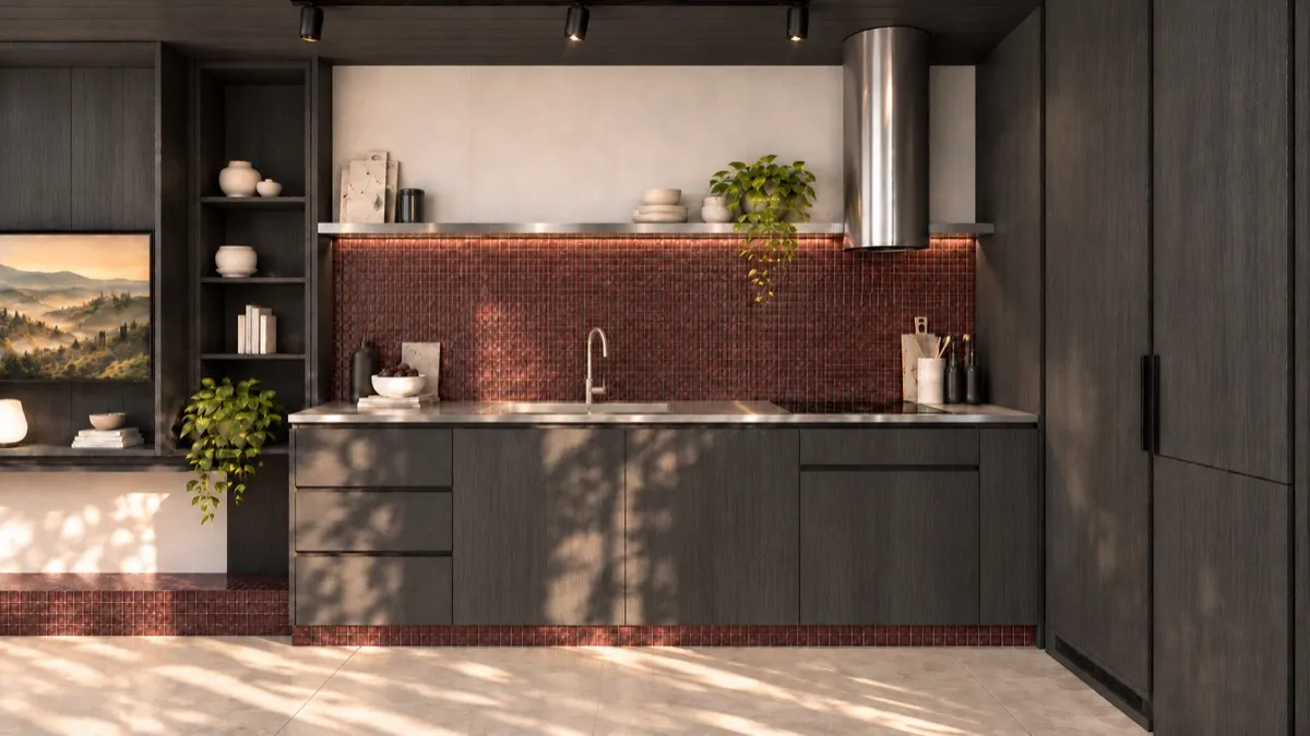 The kitchen of SOLUM Studio in Burgundy, with dark oak joinery