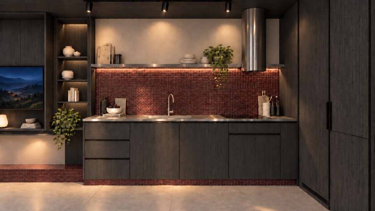 The kitchen of SOLUM Studio in Burgundy, with dark oak joinery, after dark