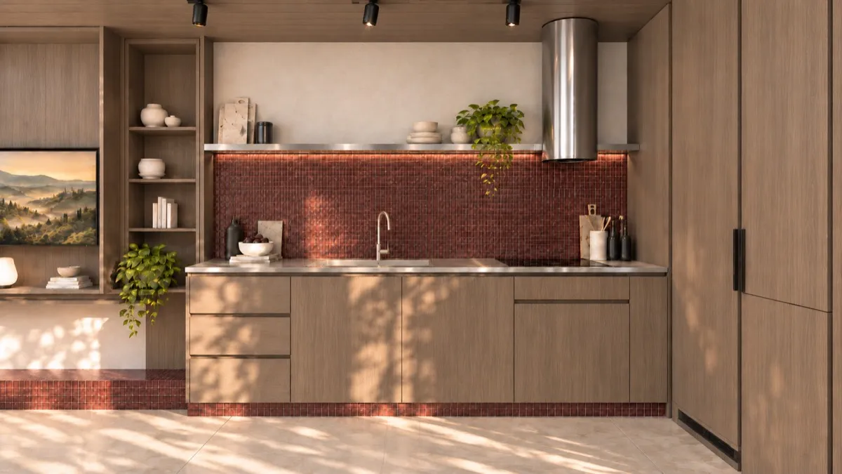 The kitchen of SOLUM Studio in Burgundy, with raw walnut joinery