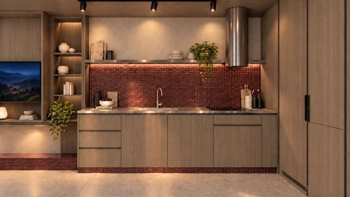 The kitchen of SOLUM Studio in Burgundy, with raw walnut joinery, after dark