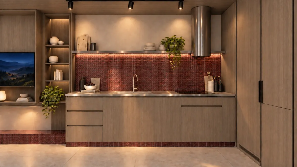 The kitchen of SOLUM Studio in Burgundy, with raw walnut joinery, after dark
