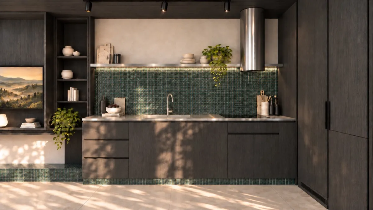 The kitchen of SOLUM Studio in Sage, with dark oak joinery