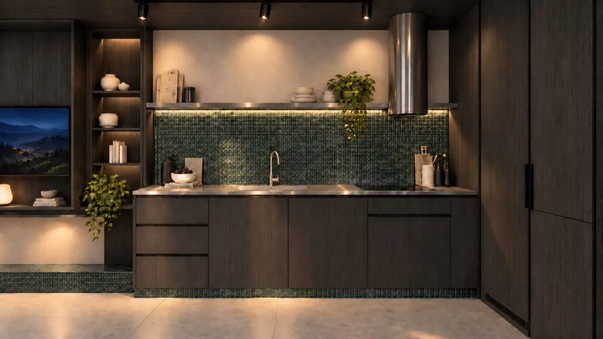 The kitchen of SOLUM Studio in Sage, with dark oak joinery, after dark