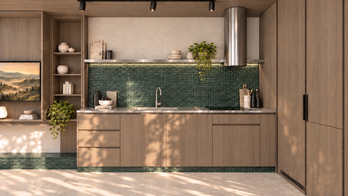 The kitchen of SOLUM Studio in Sage, with raw walnut joinery