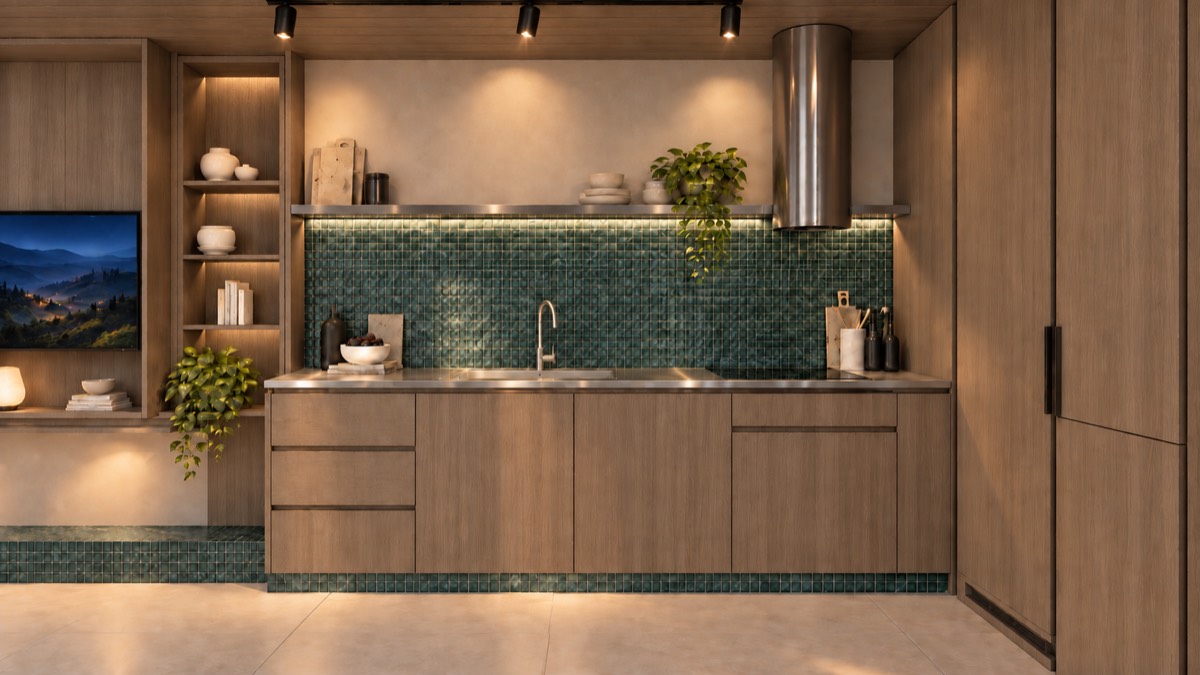 The kitchen of SOLUM Studio in Sage, with raw walnut joinery, after dark