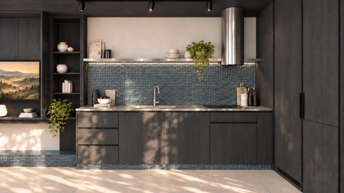 The kitchen of SOLUM Studio in Tide, with dark oak joinery
