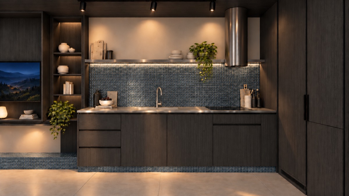 The kitchen of SOLUM Studio in Tide, with dark oak joinery, after dark