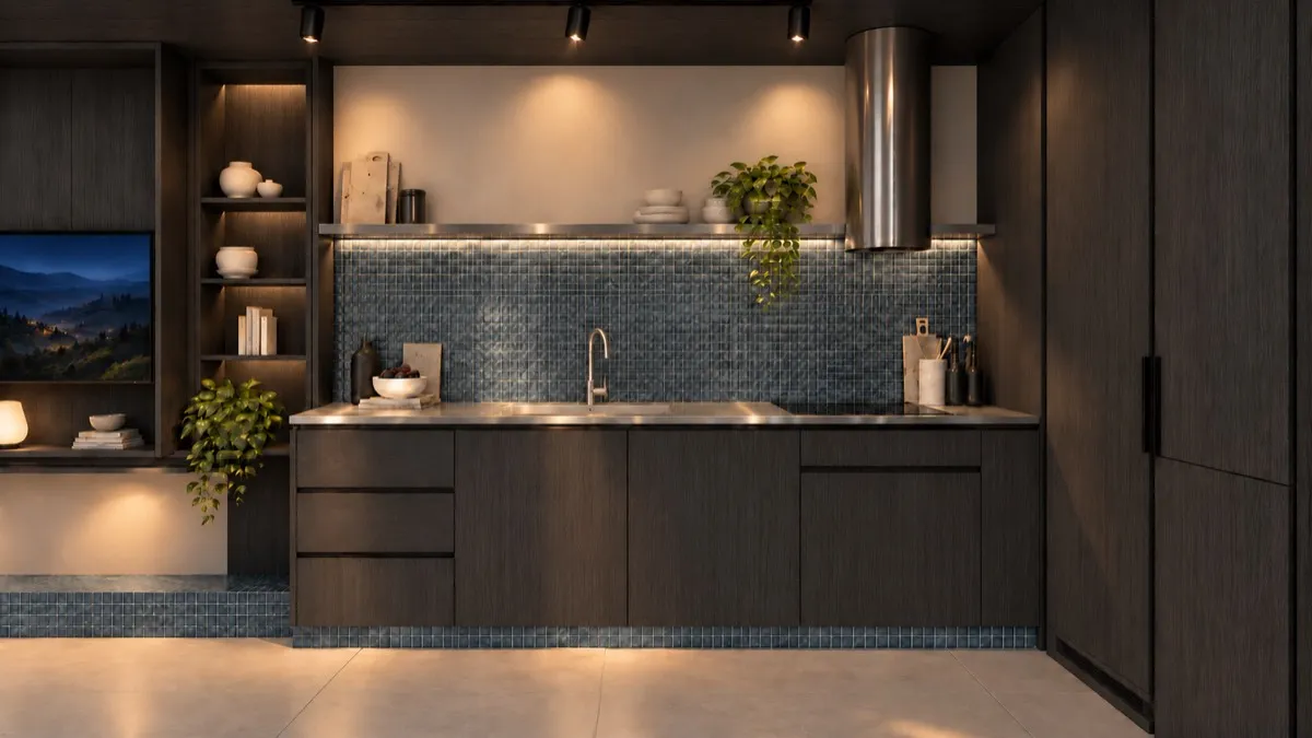 The kitchen of SOLUM Studio in Tide, with dark oak joinery, after dark