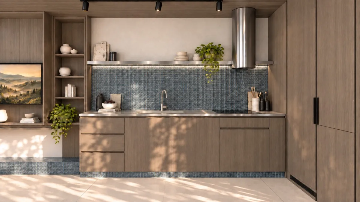 The kitchen of SOLUM Studio in Tide, with raw walnut joinery