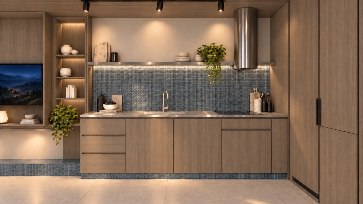 The kitchen of SOLUM Studio in Tide, with raw walnut joinery, after dark