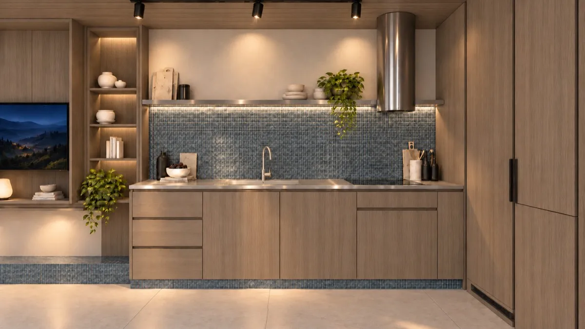 The kitchen of SOLUM Studio in Tide, with raw walnut joinery, after dark