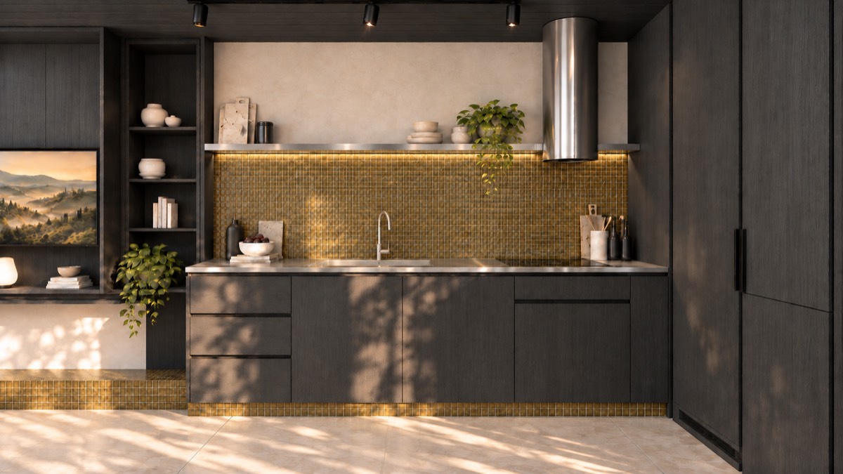 The kitchen of SOLUM Studio in Vine, with dark oak joinery