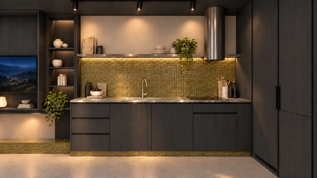 The kitchen of SOLUM Studio in Vine, with dark oak joinery, after dark