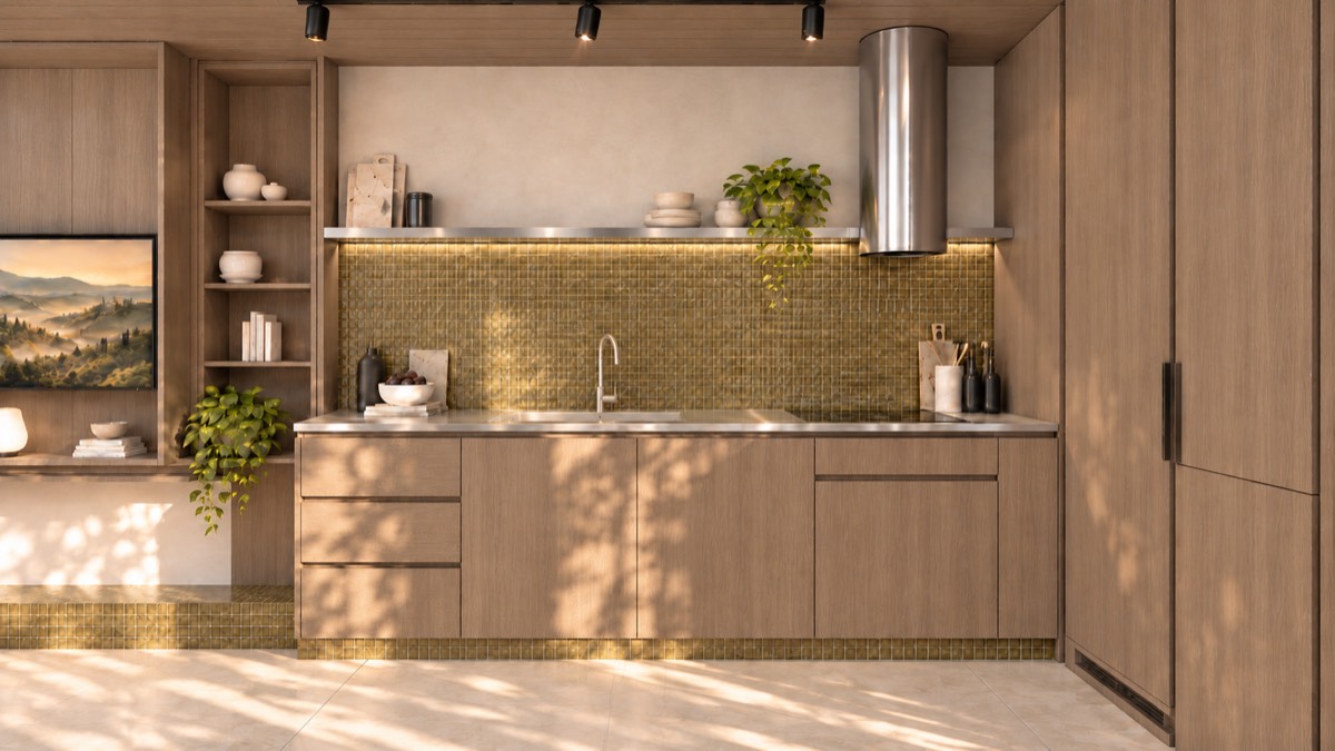 The kitchen of SOLUM Studio in Vine, with raw walnut joinery