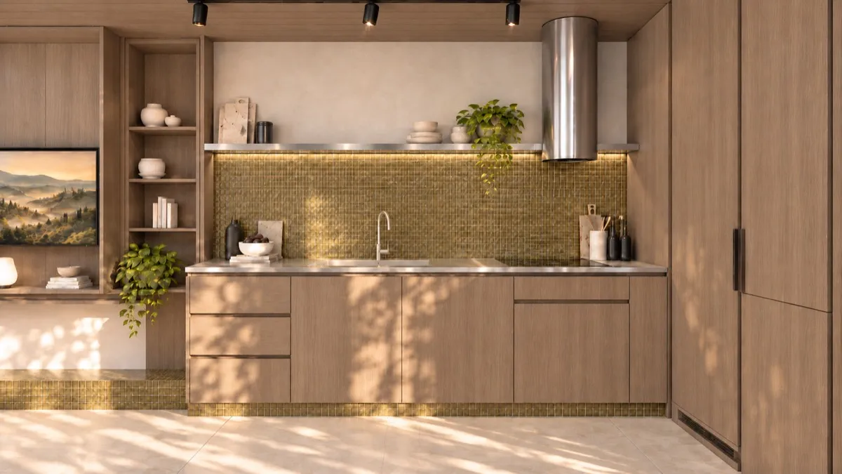 The kitchen of SOLUM Studio in Vine, with raw walnut joinery