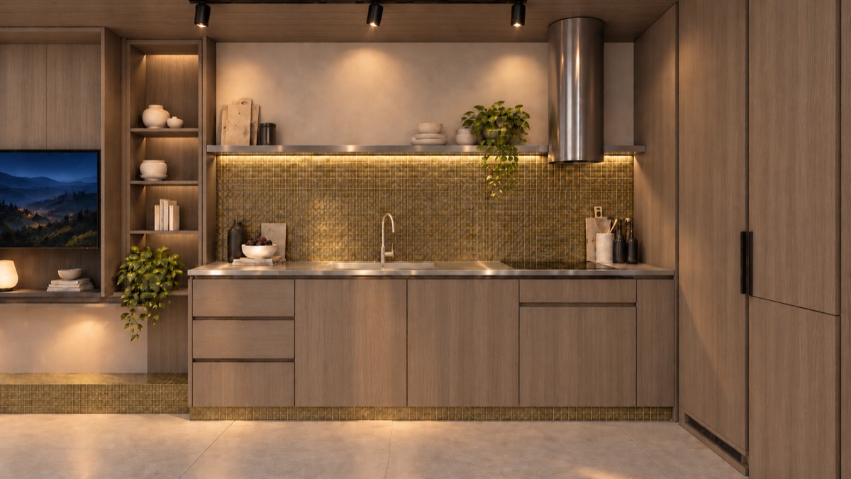 The kitchen of SOLUM Studio in Vine, with raw walnut joinery, after dark