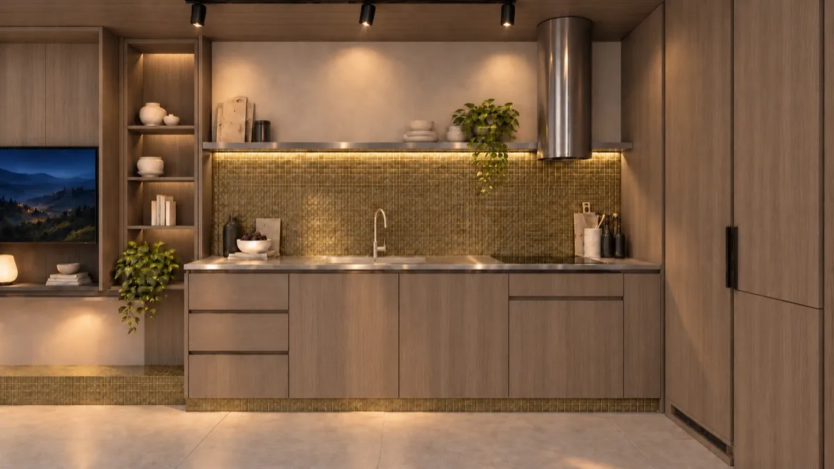 The kitchen of SOLUM Studio in Vine, with raw walnut joinery, after dark